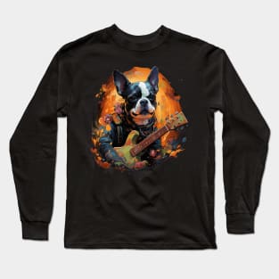 Boston Terrier Playing Guitar Long Sleeve T-Shirt